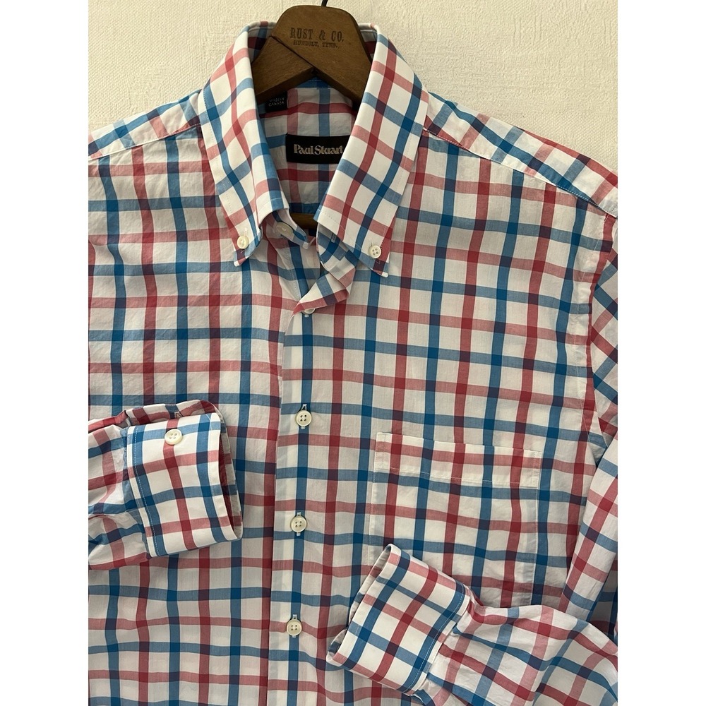 Paul Stuart 100% Cotton Button Down Red Blue White Medium Check Plaid Dress